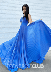 Renee |Long Blue Metallic Prom Dresses Websites With Halter Neck A - Line Pleated Slit - Price #price_variant_lowest# - Blue - PromDressClub